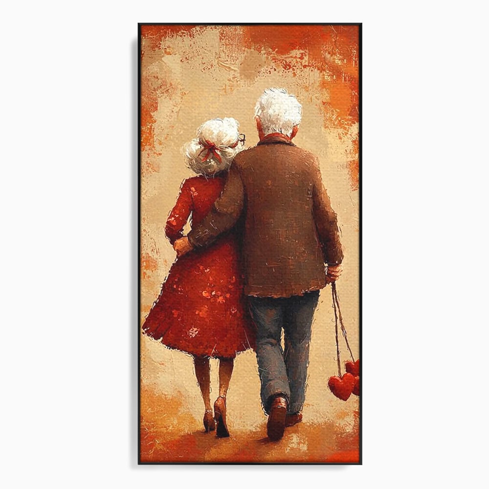 Tablou canvas cu pictura cu un cuplu in varsta imbratisat, in rama de aluminiu negru
